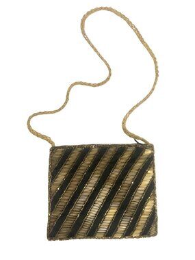 Beaded Gatsby Art Deco Purse Black and Gold Zipper Enclosure Shoulder Bag